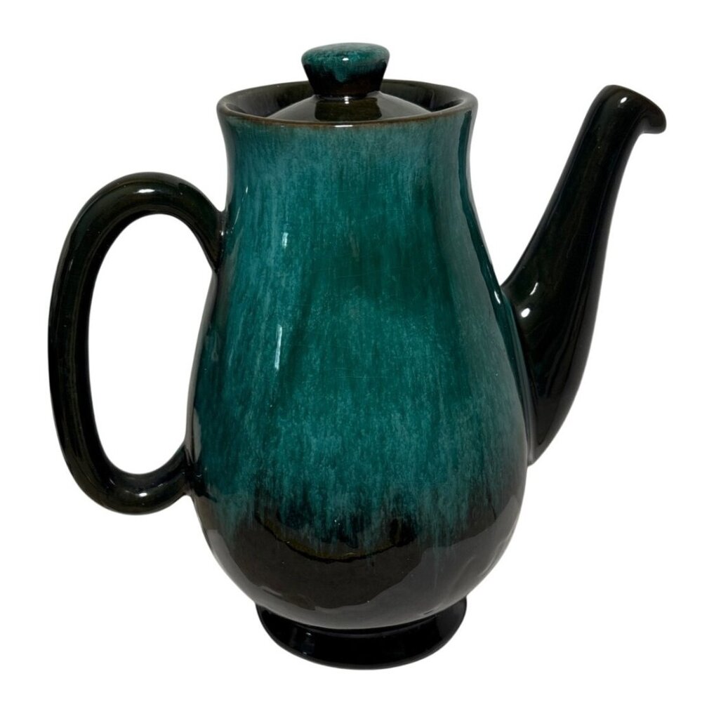 Evangeline Pottery Teapot Green Blk Drip Glaze Ceramic 966 Canada 9" Vintage MCM